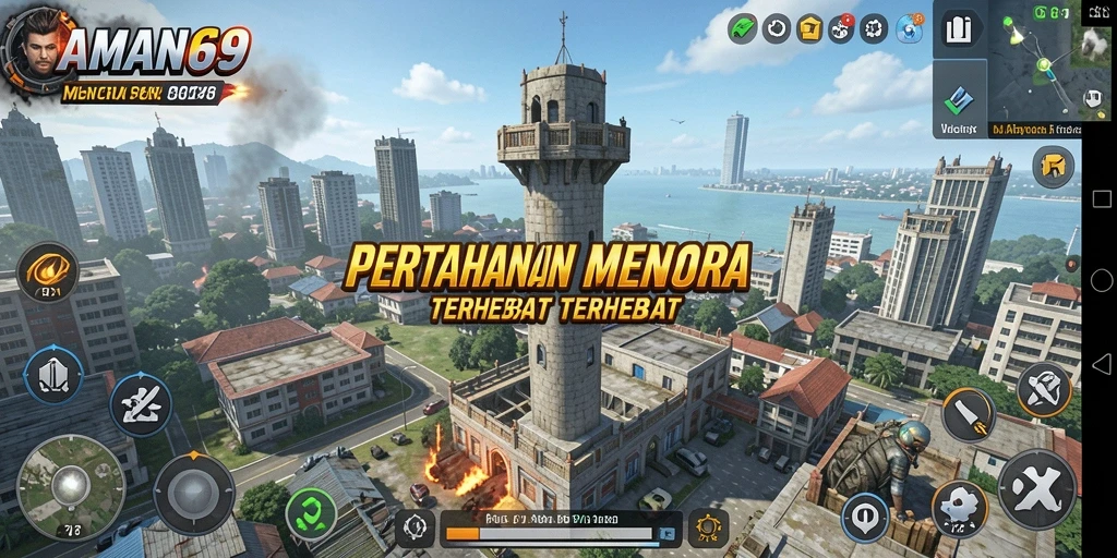 Screenshot gameplay AMAN69 menampilkan aksi menara pertahanan yang mendebarkan.