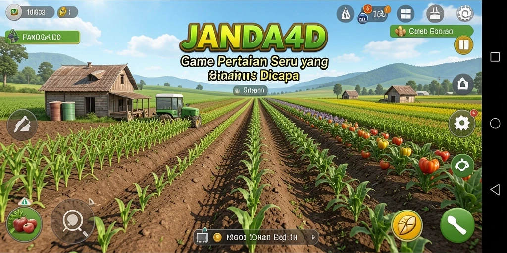 Screenshot gameplay JANDA4D menampilkan lahan pertanian yang hijau dan aktif.
