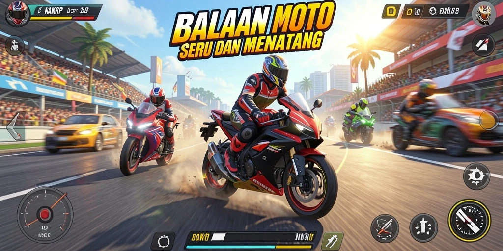 Screenshot gameplay KAKRP yang menampilkan aksi balapan motor yang seru.